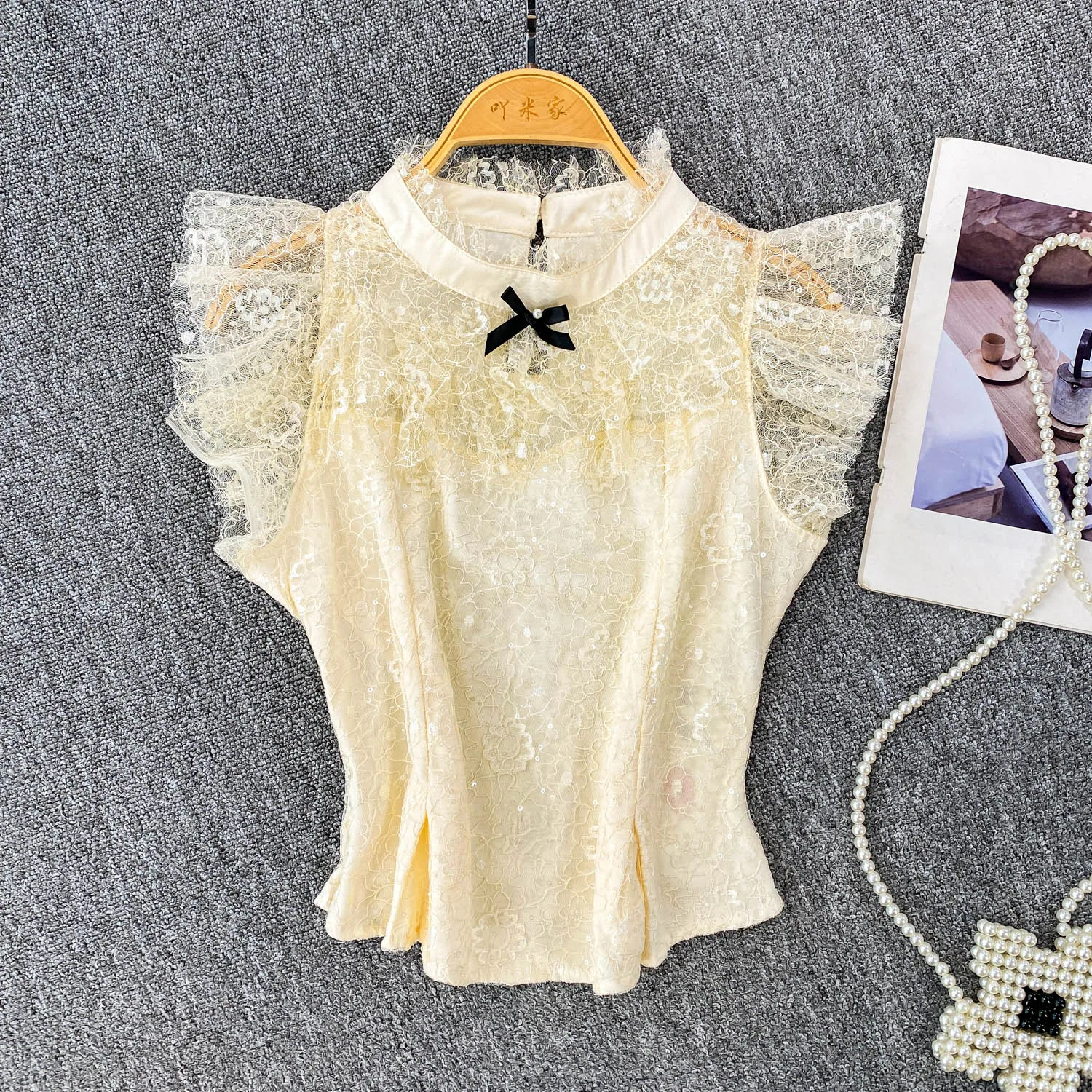 ヴィンテージグリッタースパンコール甘いレース O ネックショート Tシャツスリムエレガントなファッションオフィスレディクロップトップセクシーな女性トップ