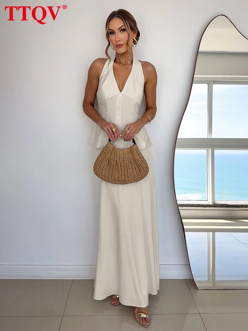 

TTQV Summer Loose Beige Linen Skirt Sets Woman 2 Pieces 2026 Sexy Sleeveless Tank Top With High Waist Long Skirt Set Female
