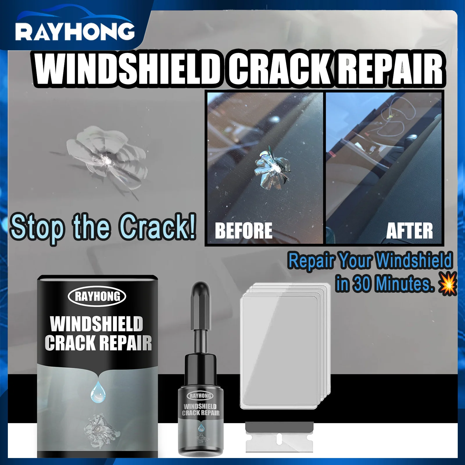 Windshield Repair Kit DIY Glass Crack Repair Chip Fix Tool with UV Resin Cure Light Pit Resin Windshield Savior Safety Repair
