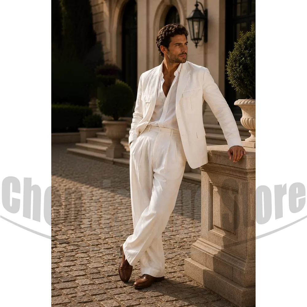 Chic Linen Two Piece Suit Single Breasted Patch Pocket Blazer with Pants Summer Beach Wedding Groom Casual Male Party Tuxedo