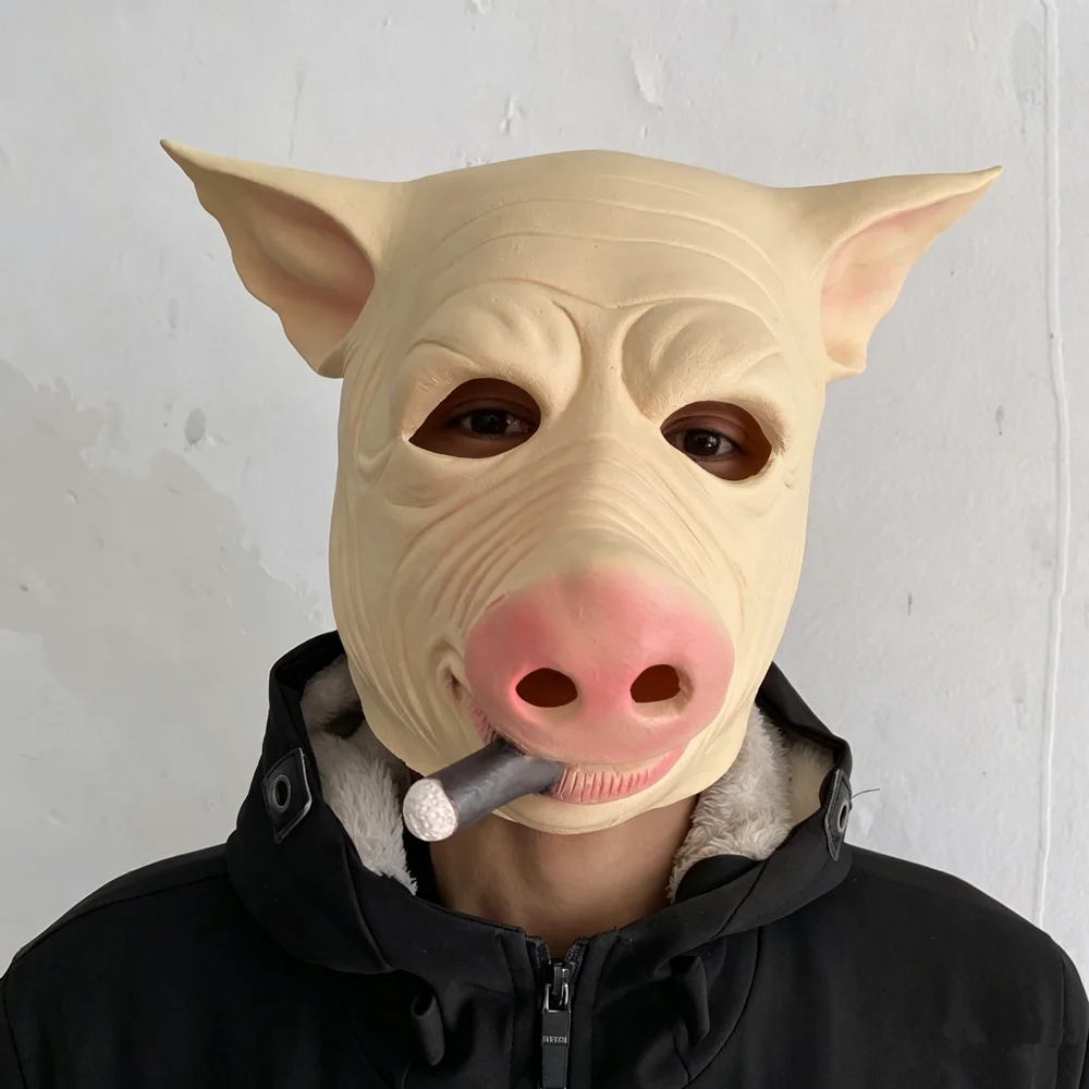 Lebensechte Schweinegesichts-Latexmaske mit dekorativer Zigarre, Tier-Vollkopfmaske, Karnevalsparty-Scherzkostüm-Accessoire für Erwachsene – Detail 2