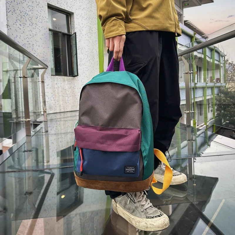 Unisex vintage color-blocked water-resistant lightweight versatile large-capacity travel backpack for college students