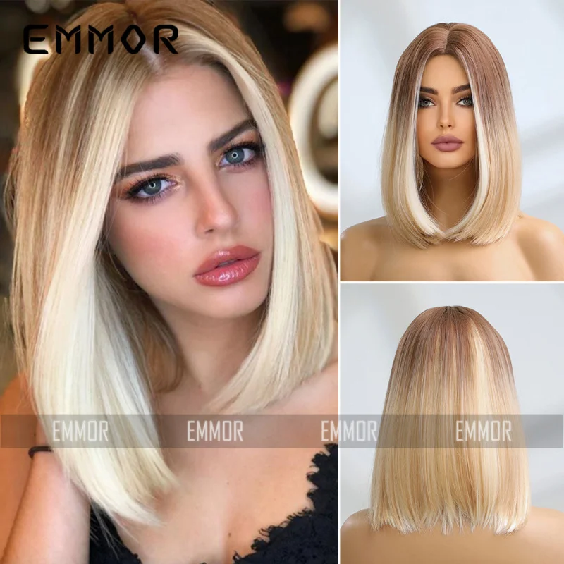 Middle-parted gradient platinum mixed color highlights shoulder-length short straight synthetic fiber full wig