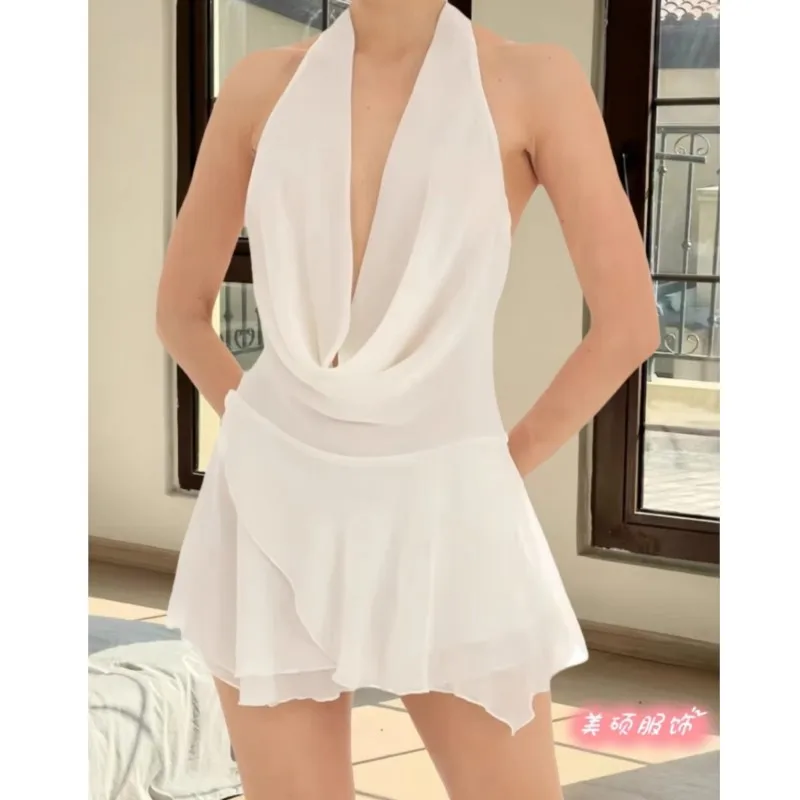 여성 여름 미니 드레스 패션 솔리드 민소매 섹시 백리스 로우 체스트 V넥 홀터 드레스 캐주얼 스트리트웨어 여성 베스티도스