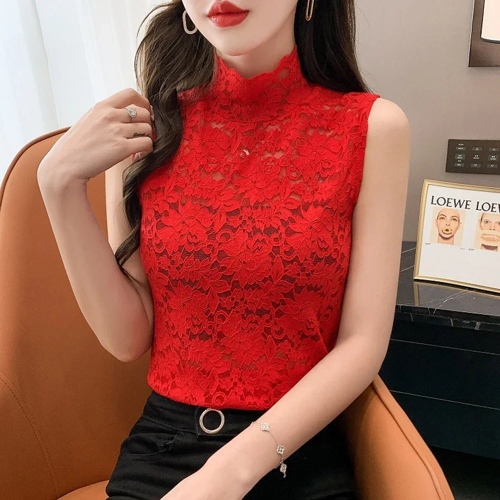 Elegant Women's Floral Lace Tank Tops T Shirt With Elastic Sleeveless Red Black White S-XL Stretch Rose Lace Camisole For Girls