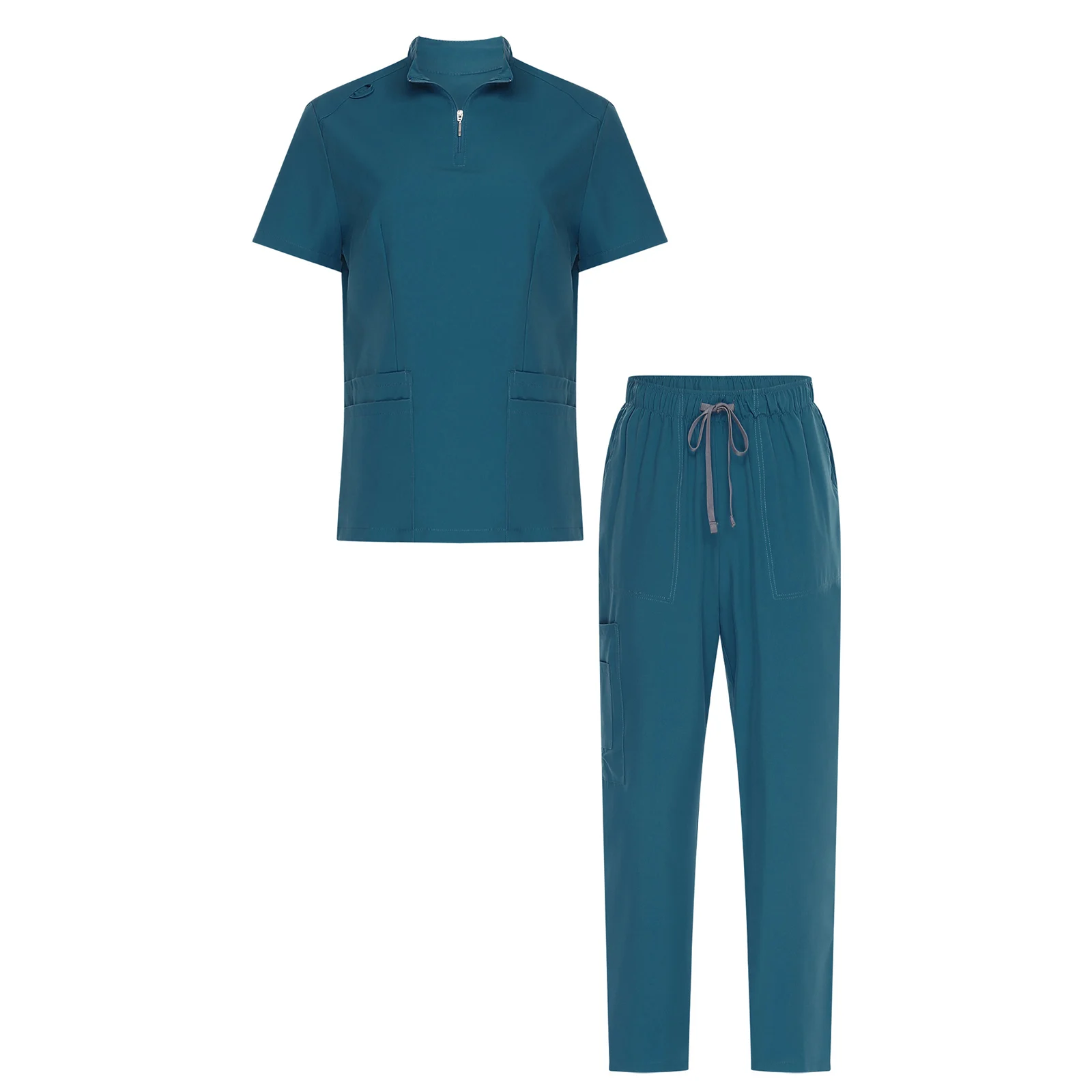 

Womens Medical Scrubs Outfit Zipper Stand Collar Short Sleeve Pullover Top And Long Pants for Nursing Dental Surgeon Uniform