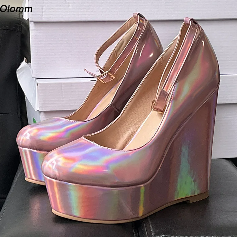 

Olomm Handmade Women Platform Glossy Pumps Ankle Strap Wedges Heels Round Toe Gorgeous Night Club Shoes Women Plus US Size 5-20