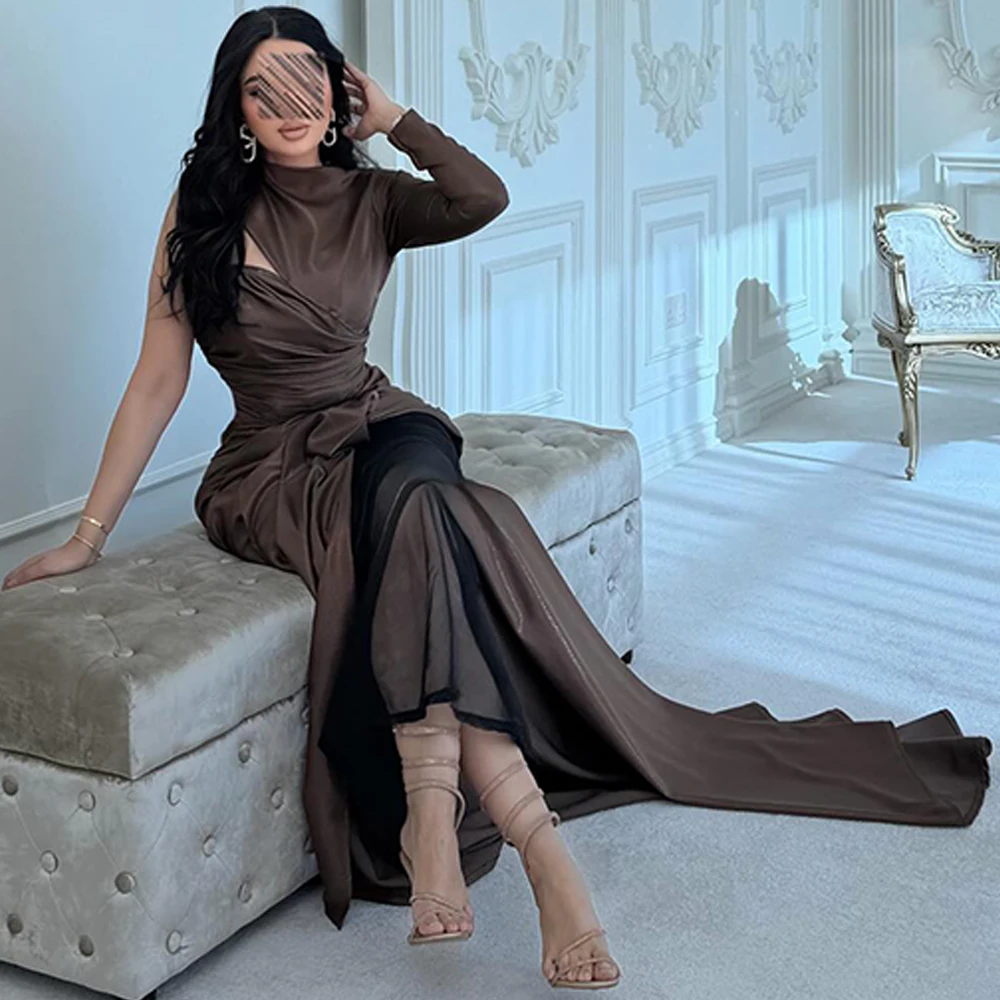 

Simple Satin Panel Train Evening Dress Graceful One Shoulder Prom Dresses Fashion Long Sleeves Customized Special Occasion Gowns