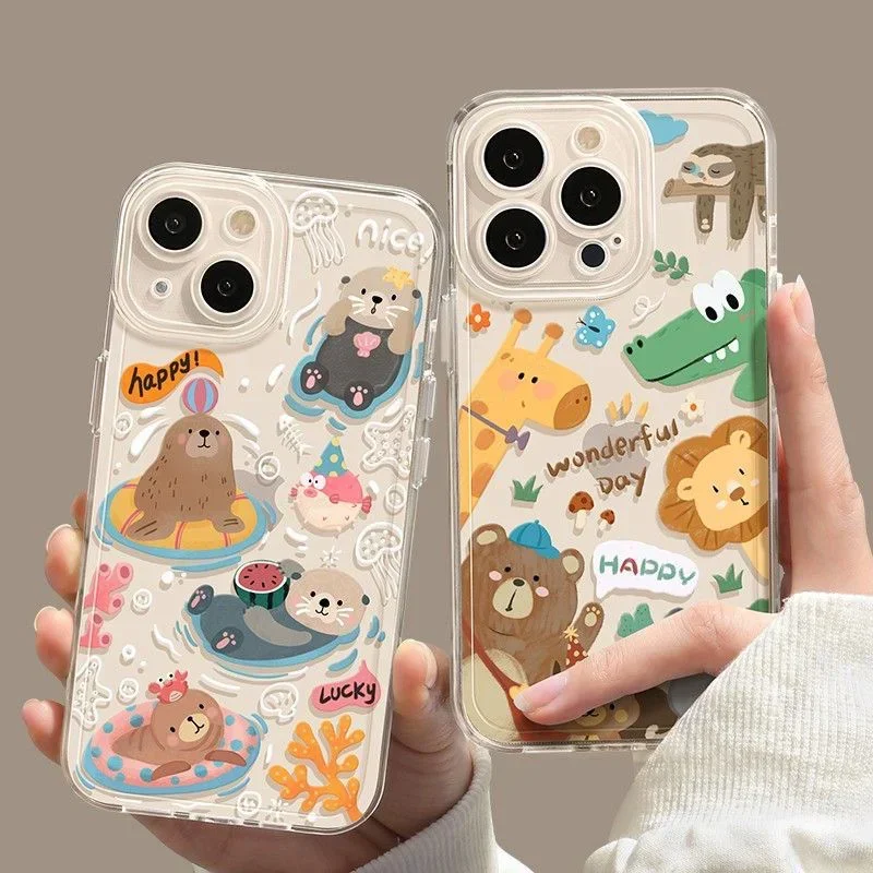 

Mole Seal Clear Case For iPhone 16 15 11 12 14 13 Pro Max Mini XS Max XR SE Plus Kawaii Cute Lion Zoo Animal Mobile Phone Cover