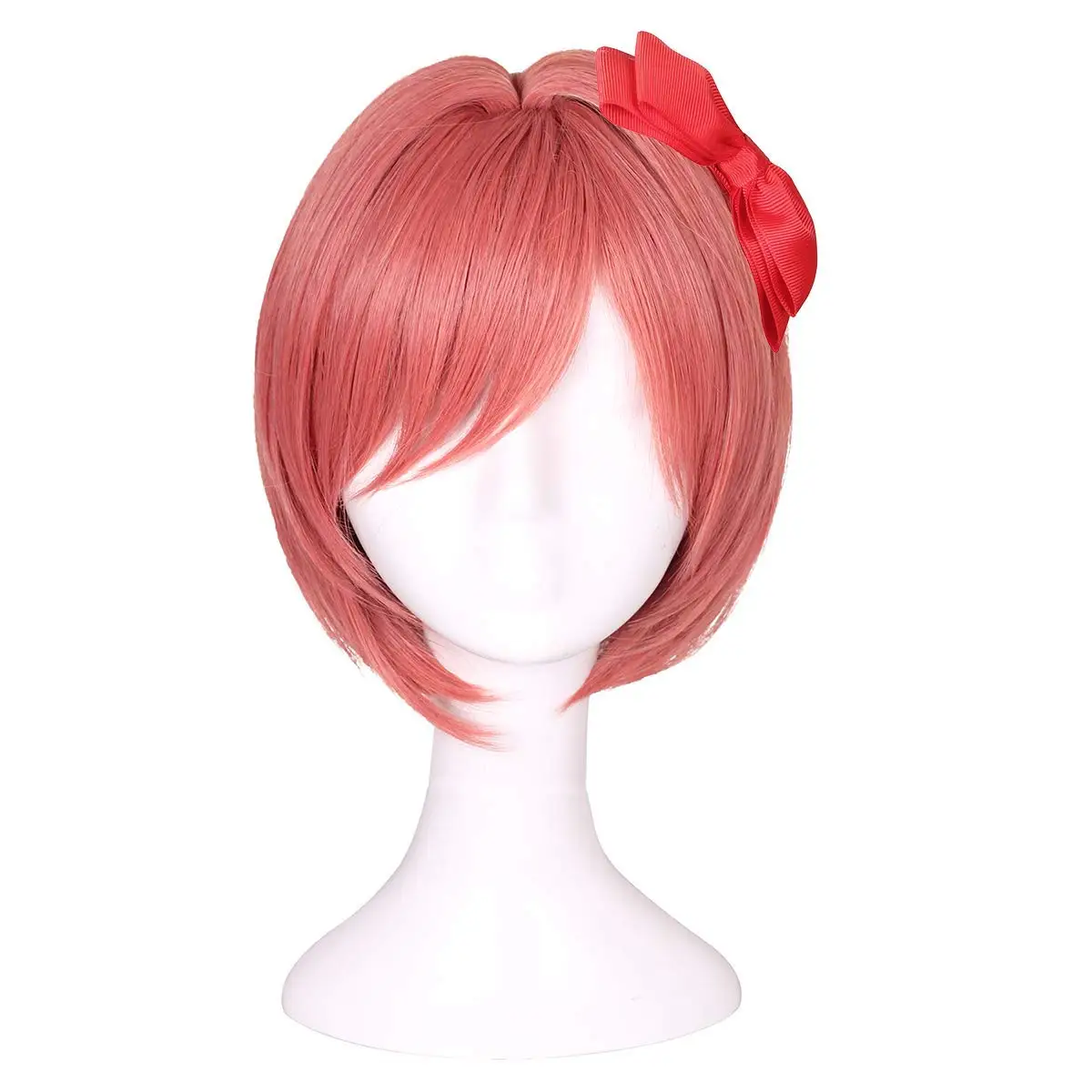Sayori Wig with Bowknot Short Coral Pink Cosplay Wig for Girls and Women Game DDLC Doki Doki Literature Club Natsuki Wigs