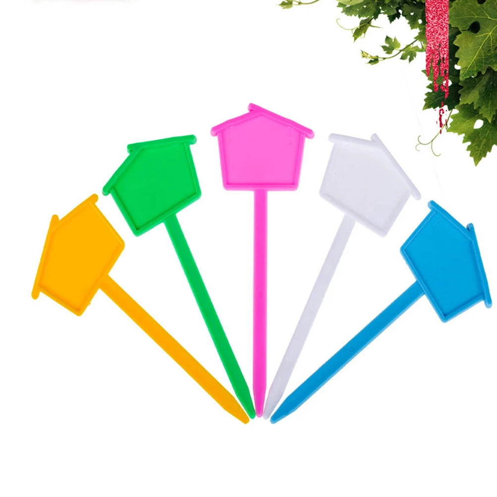 

50pcs Succulent Plant Labels Durable Plastic Garden Accessories Small House Shape Long Strip Stake Tags Easy Customize