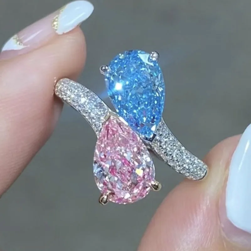 AEAW Jewerly Main Diamond 1ct 2ctw Fincy Pink Blue Pear Cut CVD HPHT Lab Grown Diamond Real 14K White Gold Women Ring