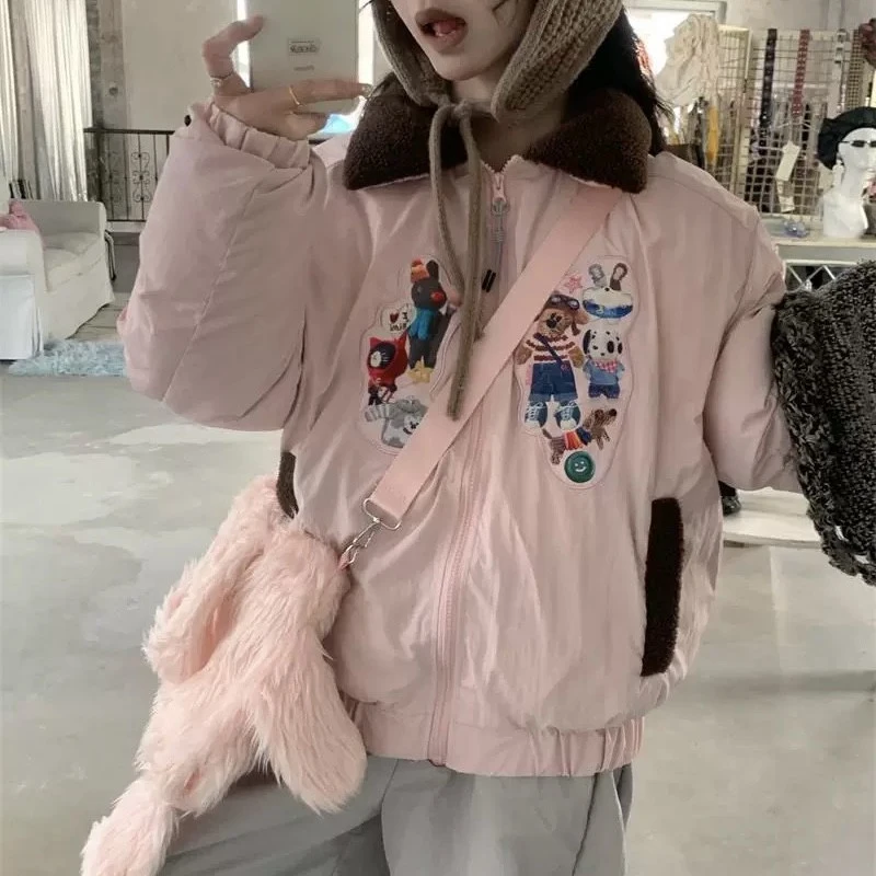 

MEXZT Cartoon Parkas Women Cutecore Pink Quilted Puffer Jacket Harajuku Down Coats Winter Streetwear Cotton Padded Outerwears