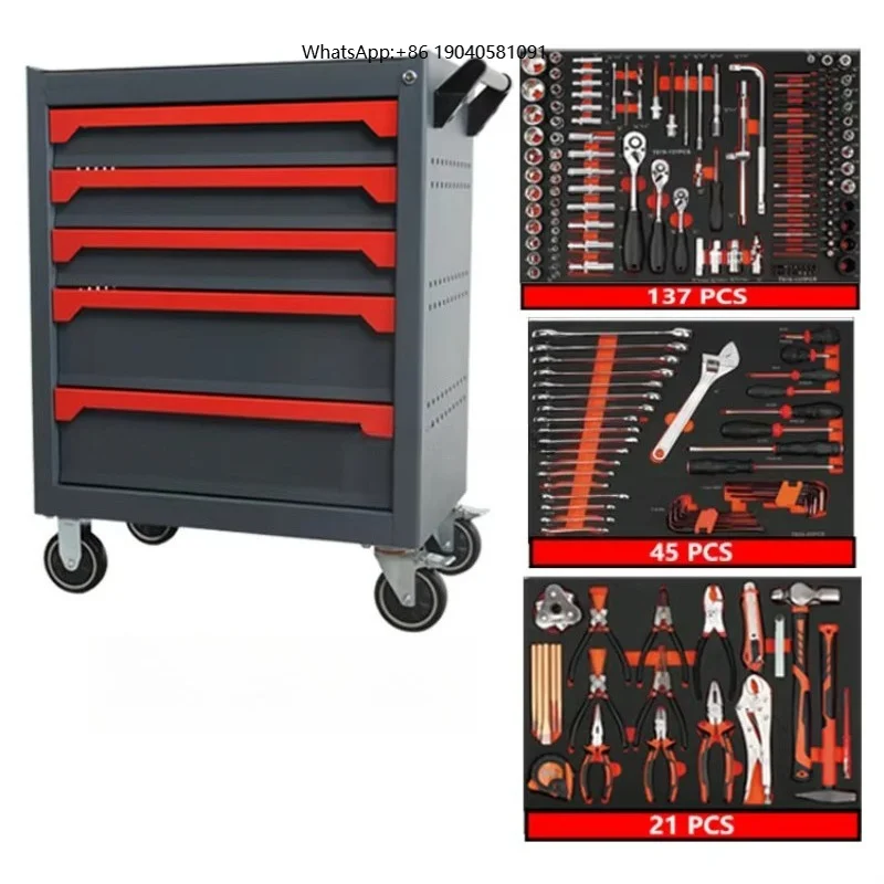 Professional Mechanic Tool Trolley 5 Drawer Tool Cart Heavy Duty Wheels With Complete 202Pieces Hand Tool Set ForCar Repair Shop