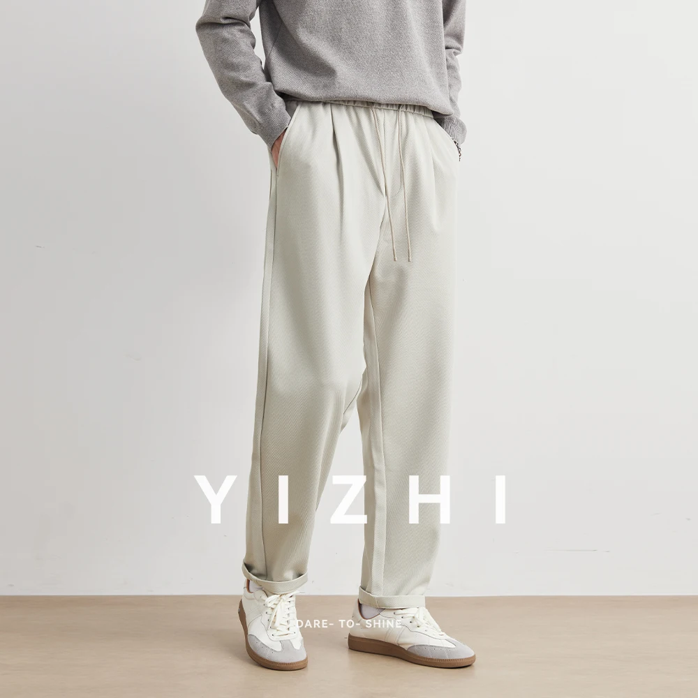 2025 Autumn Loose Comfortable Men's Casual Trousers Elastic Waist String Design Fashionable Long Pants Straight Leg Men Clothing