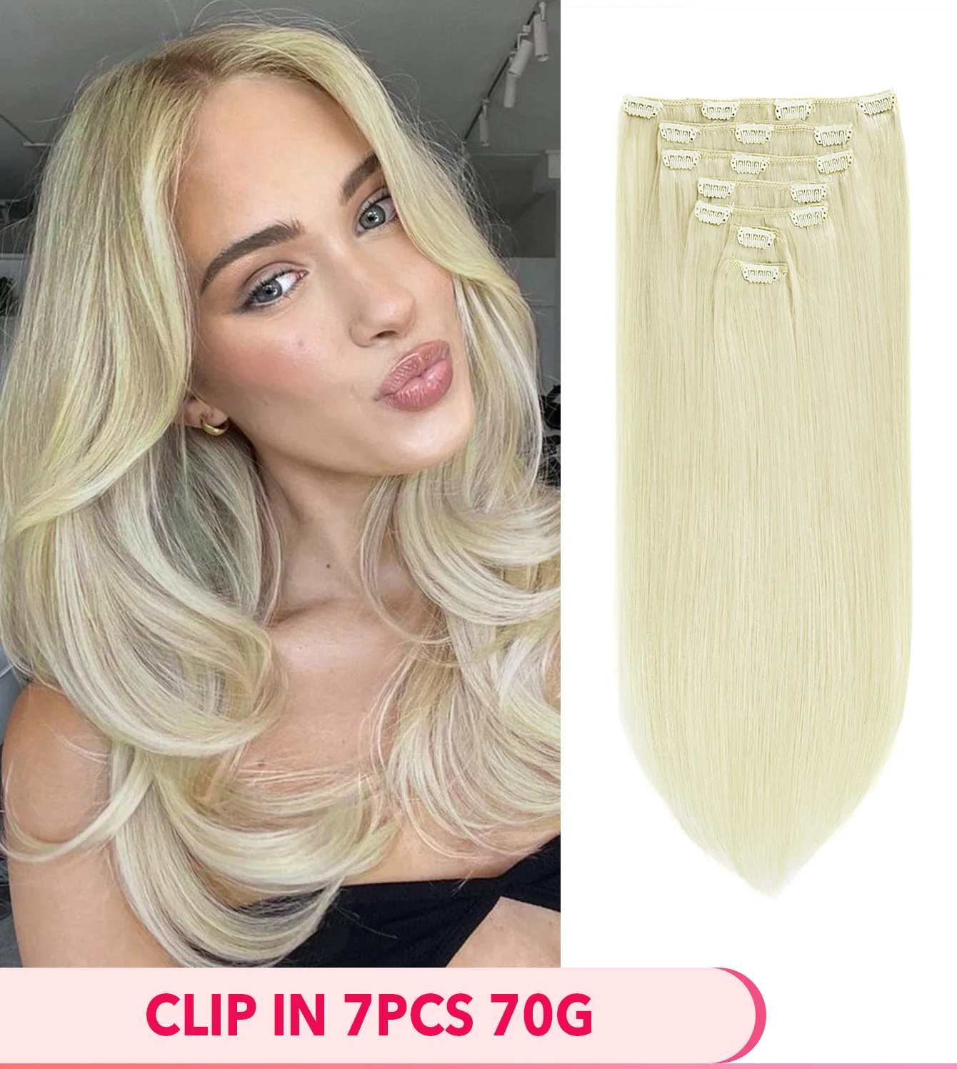 80G 22インチ クリップ式ヘアエクステ ブロンドハイライト人毛 フルヘッド ブラジリアンレミーヘア ストレート クリップ式ヘアピース 7ピース/セット