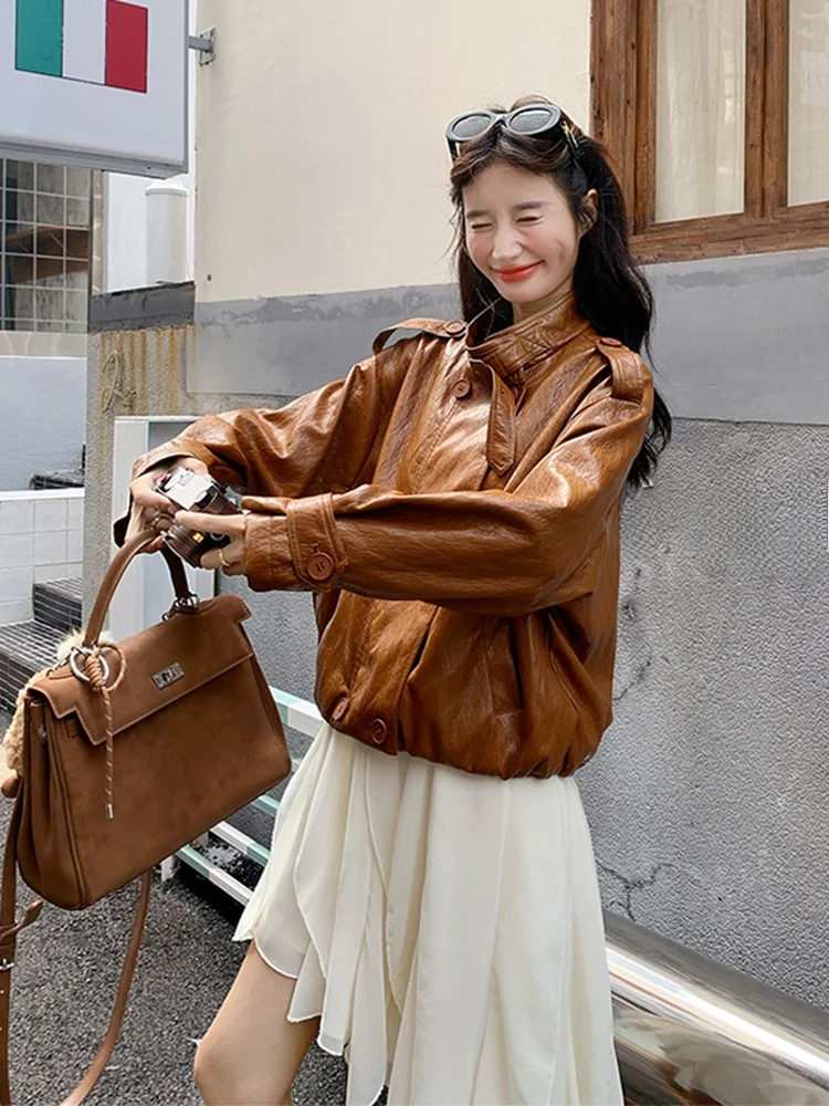 レトロブラウンPUレザージャケット レディース ショートスリーブ 春秋 2025新作 人気 おしゃれ レザーコート カジュアル ルーズフィット