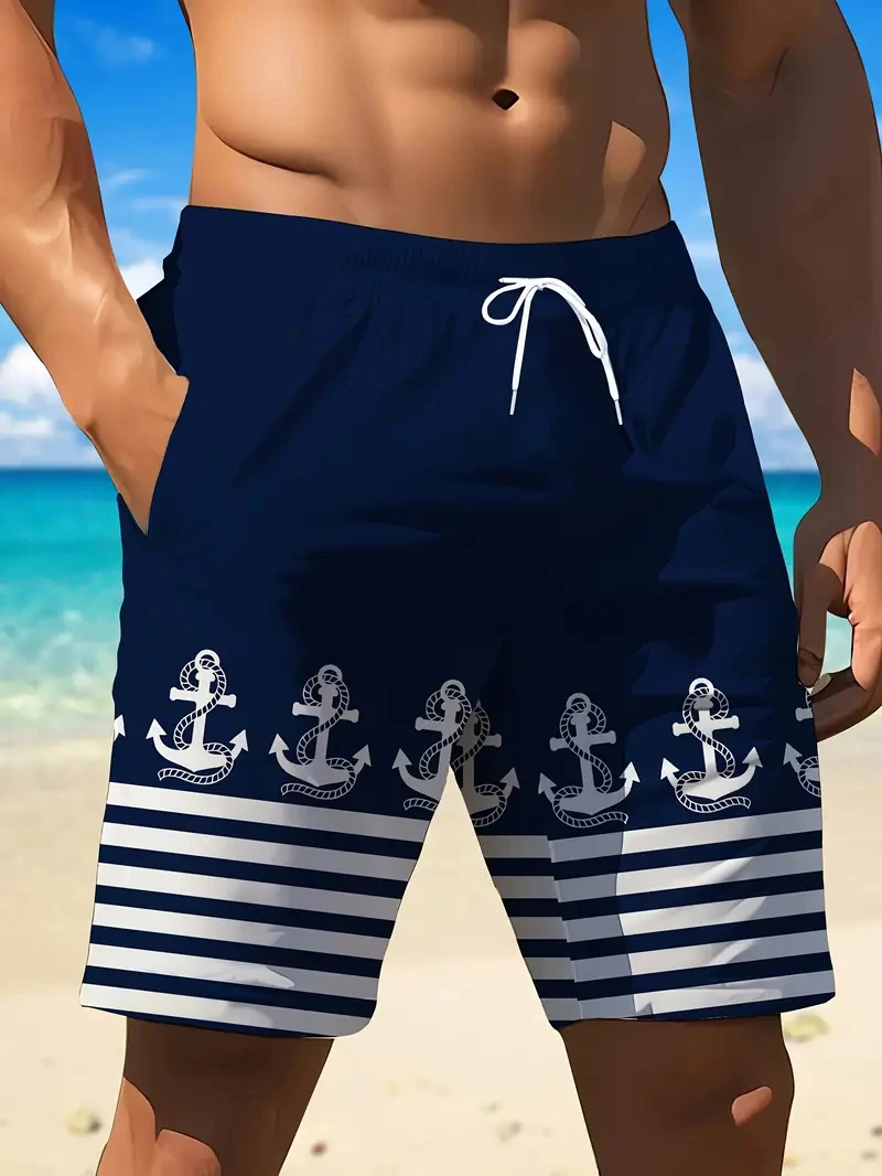 موضة جديدة مرساة نمط الشاطئ قصيرة للرجال الاتجاه الصيف ثلاثية الأبعاد مطبوعة السباحة جذوع فضفاضة الرباط الشارع الشهير Y2k سراويل قصيرة