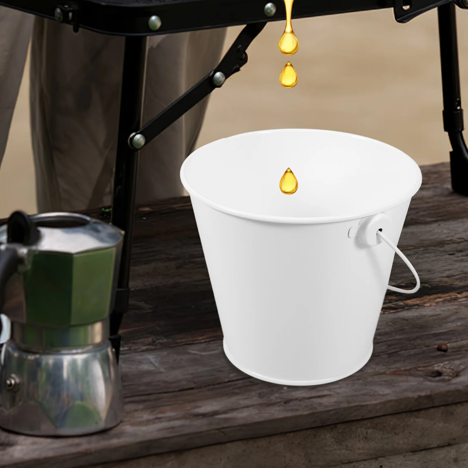 

1pc Small Metal Bucket With Handle White Tin Pail For Oil Collection Grease Catcher Grill Cooking Tool High Temp Resistant Easy