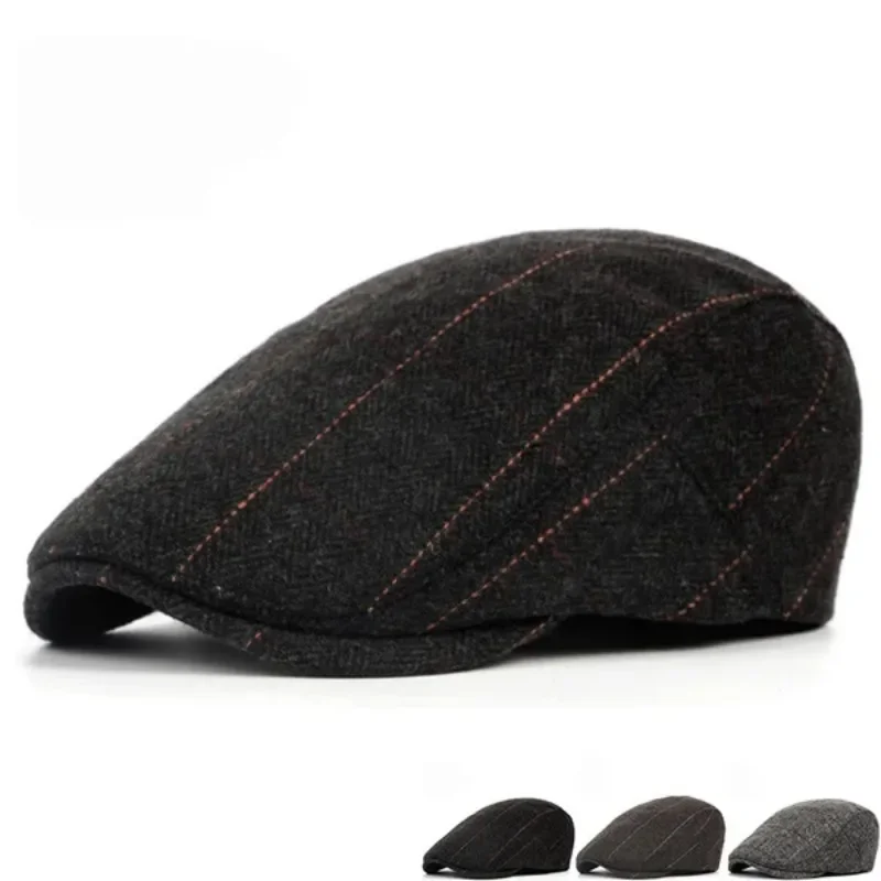 Herren Mode Baskenmützen Hochwertige Herbst-Winter Woll-Fischgrätmuster Flache Mütze Klassischer Künstler-Malermützen-Stil Männliche Gorras – Detail 18