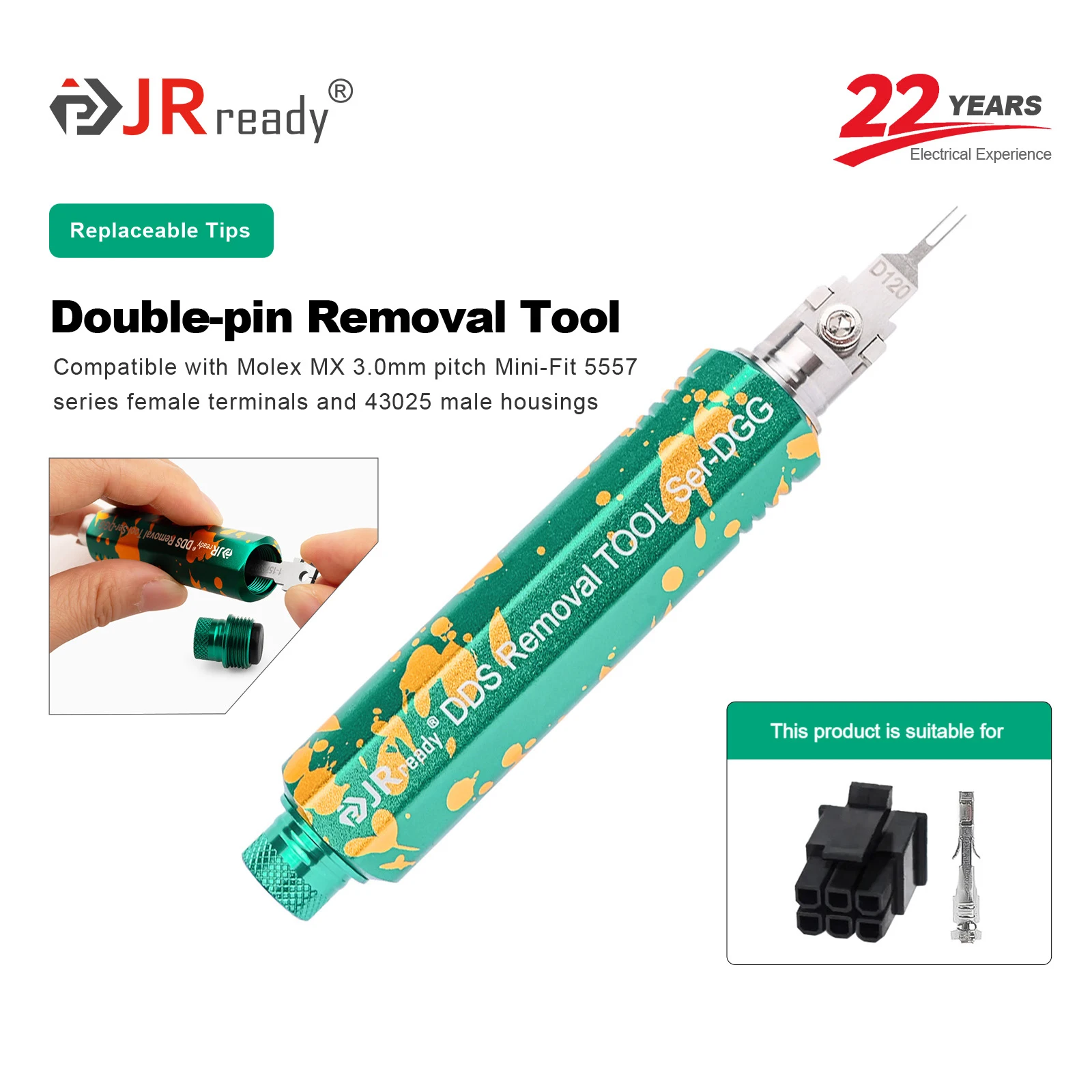 

Инструмент для извлечения двухконтактных клемм JRready JRDDS-D120-01, подходит для разъемов Molex MX с шагом 3,0 мм, серии 5557 (женские клеммы)