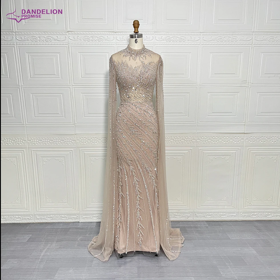 Luxus Saudi-Arabien Meerjungfrau Perlen Cape Ärmel High-Neck Abendkleider 2024 Dubai Party Kleider für Frauen Hochzeit