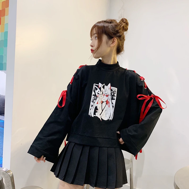 2024 Inizio Autunno Top Ins Gusto Strano Carino Girocollo Felpe Ragazza Giapponese Manica Cravatta Anime Stampa Maglione Abbigliamento Donna