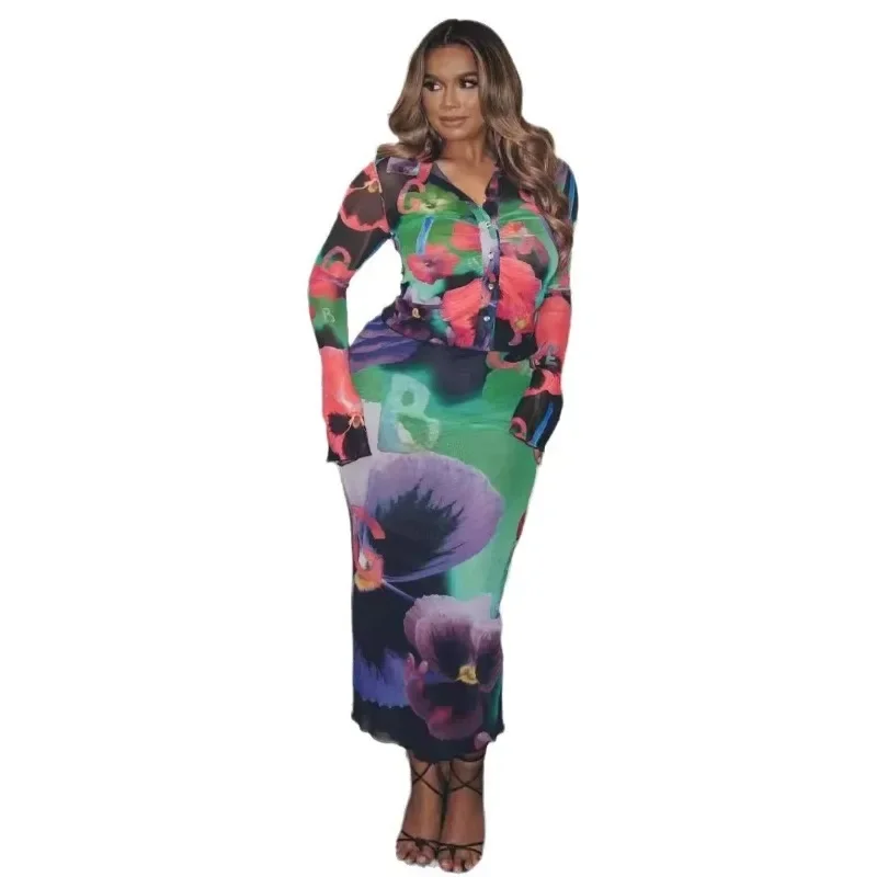 

Long Skirt Set Chiffon Shirt Button Up V-neck Slim Blouses Mesh Skirt Sets Women 2 Piece Outfit Fashion Party Matching Sets