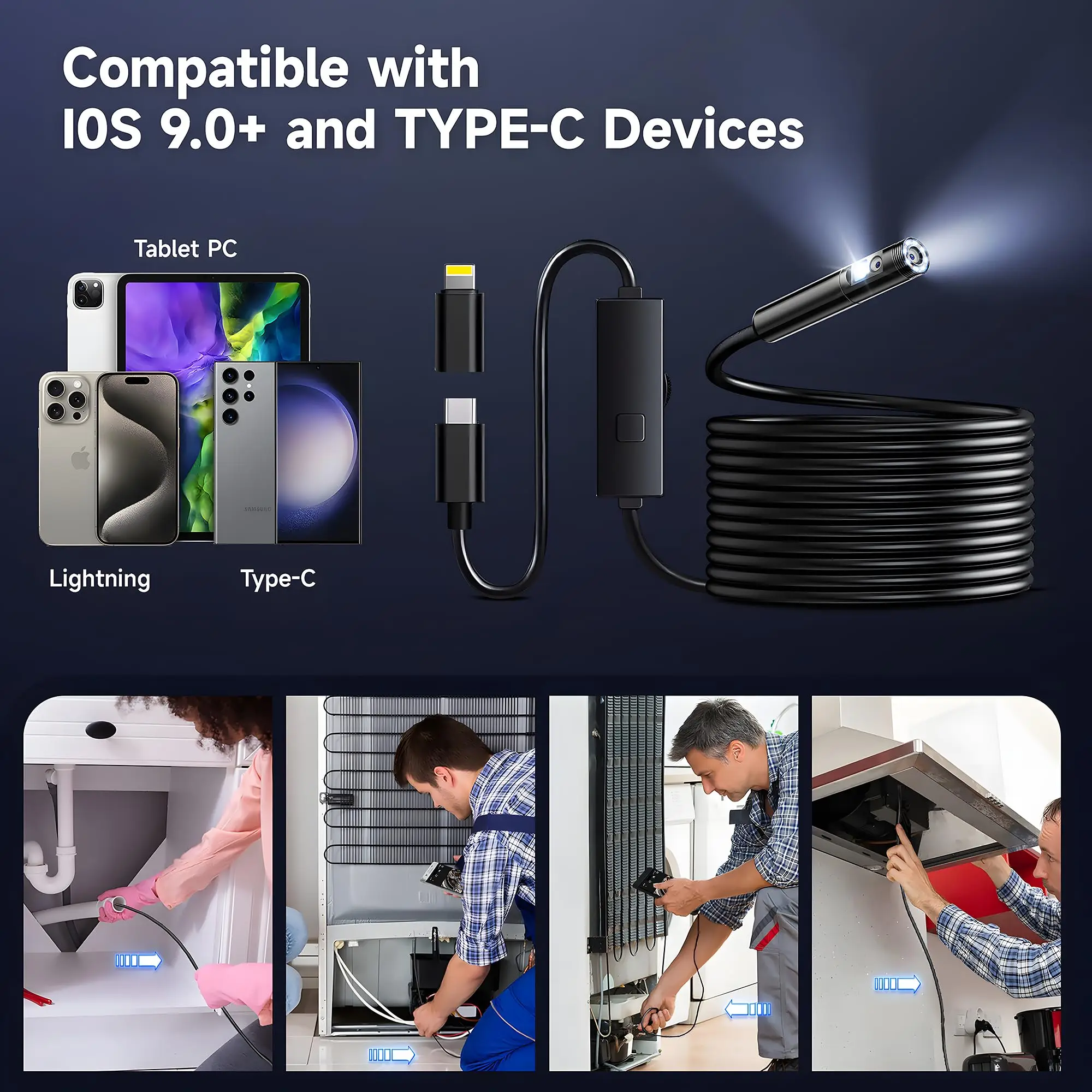 KERUI Single/Dual Lens Endoscope Camera For iPhone iPad IOS & Android Type-c Led Light IP67 Borescope Industry Inspection Camera