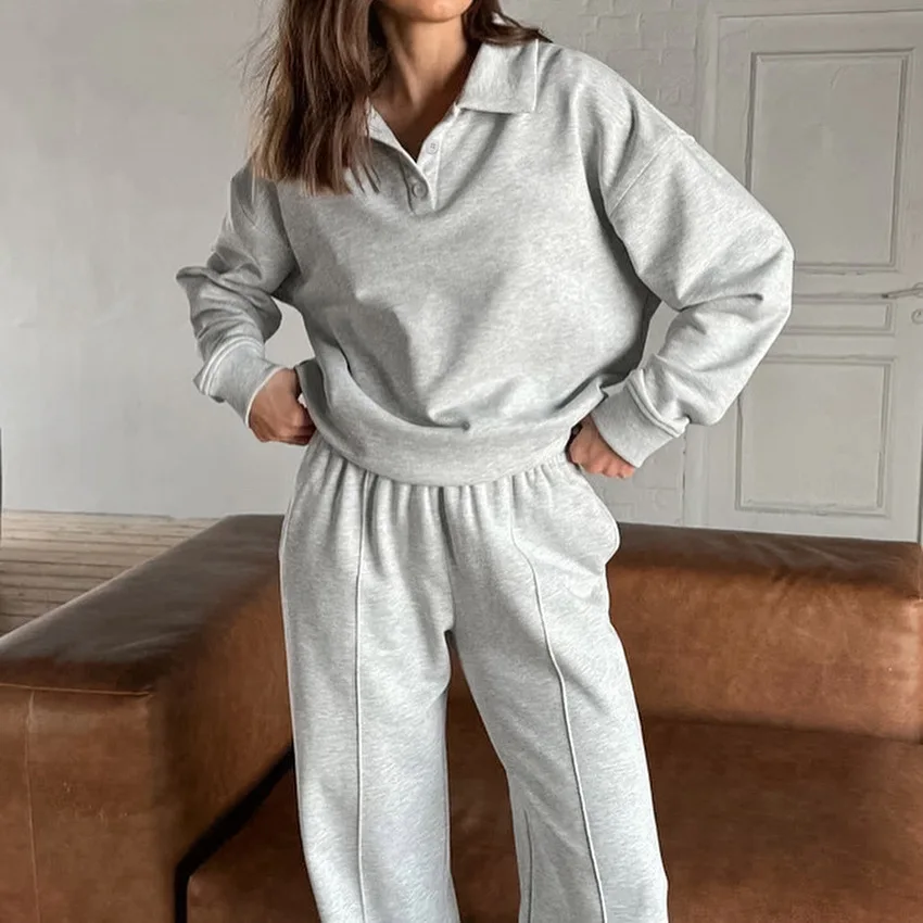 Conjunto de sudadera polo rosa, pantalones de pierna ancha, traje de dos piezas, estilo callejero de ocio atlético