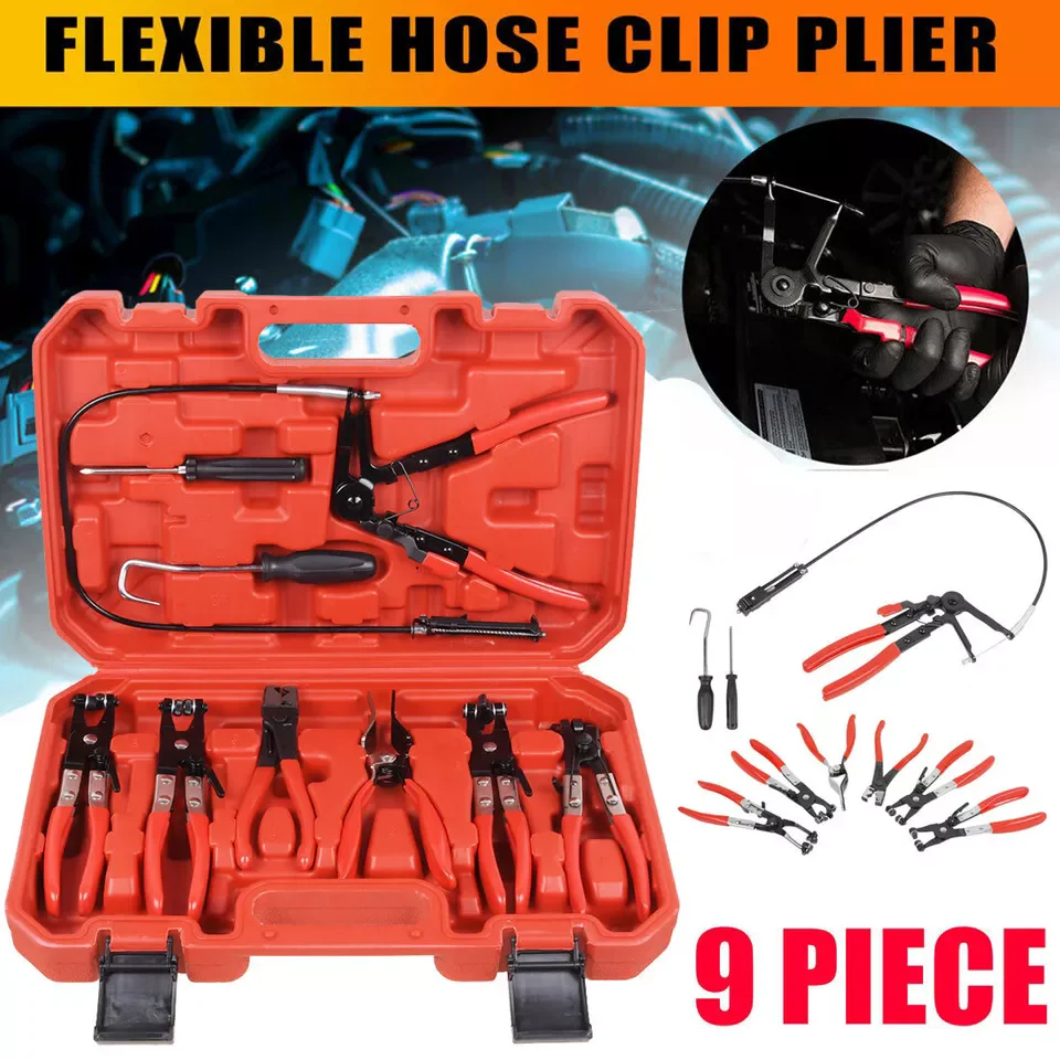 9PC Hose Clamp Pliers Kit Long Reach Car Water Fuel Oil Locking Removal Tool Set