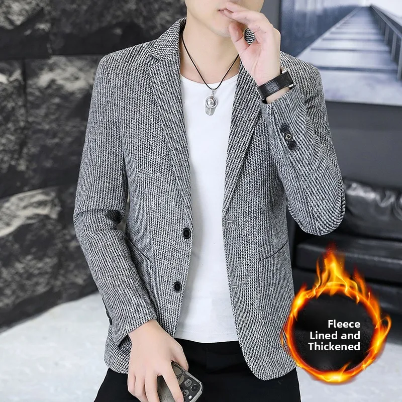 

Мужской модный утепленный флисом осенне-зимний костюм: приталенный однобортный пиджак в городском стиле с длинными рукавами, цветной
