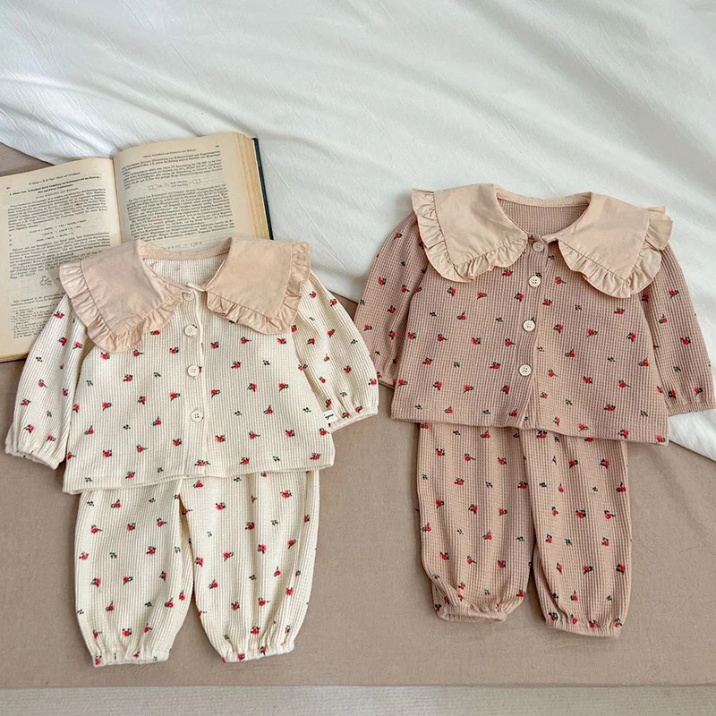 2024 New Spring Newborn Baby Girls Clothing Set Long Sleeved Waffle Cotton Printed Cardigan+Pants Toddler Baby Girl Clothes Suit