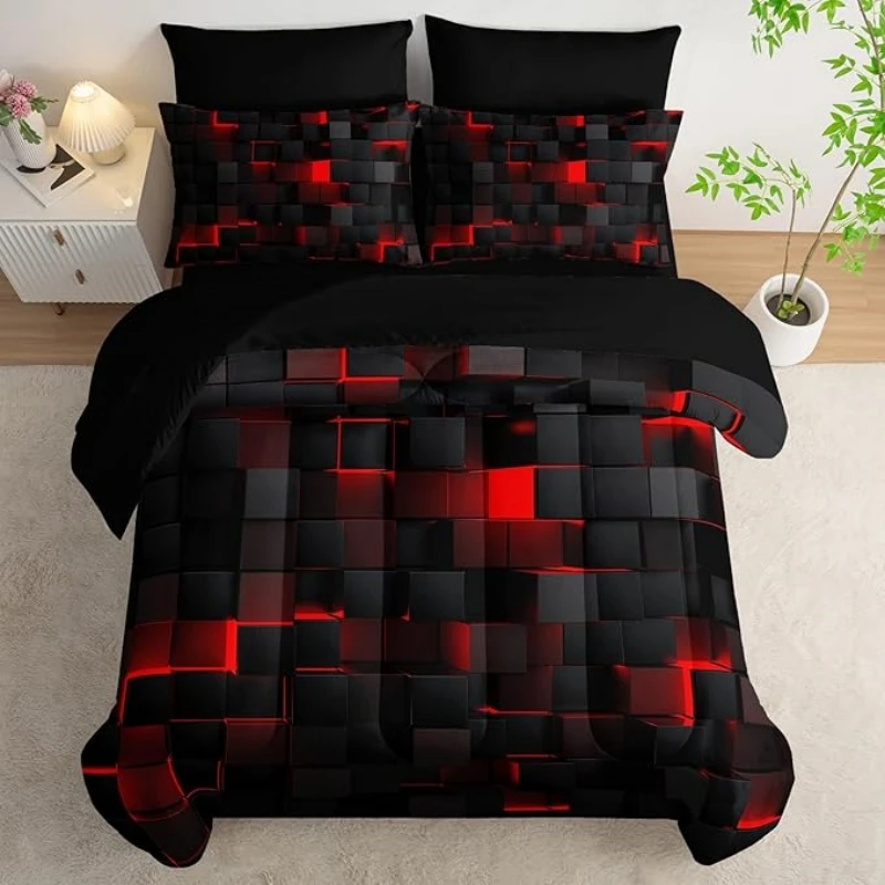 

Geometric Grid Duvet Cover Set Queen Size Red and Black Checkered Bedding Cover Modern Abstract Plaid Bed Sets for All Season