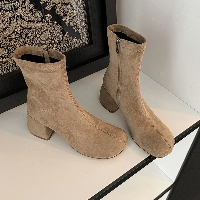 MKKHOU Fashion Short Boots Women's New High Quality Suede Boots Round Head Thick Heel Calf Boots Winter Boots