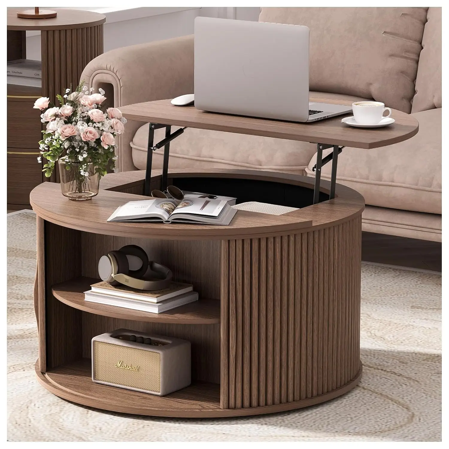 

Круглый журнальный столик с подъемной столешницей 31,5 дюйма, в стиле середины века, из орехового дерева, с скрытым хранением, рифленая деревянная основа, на заказ