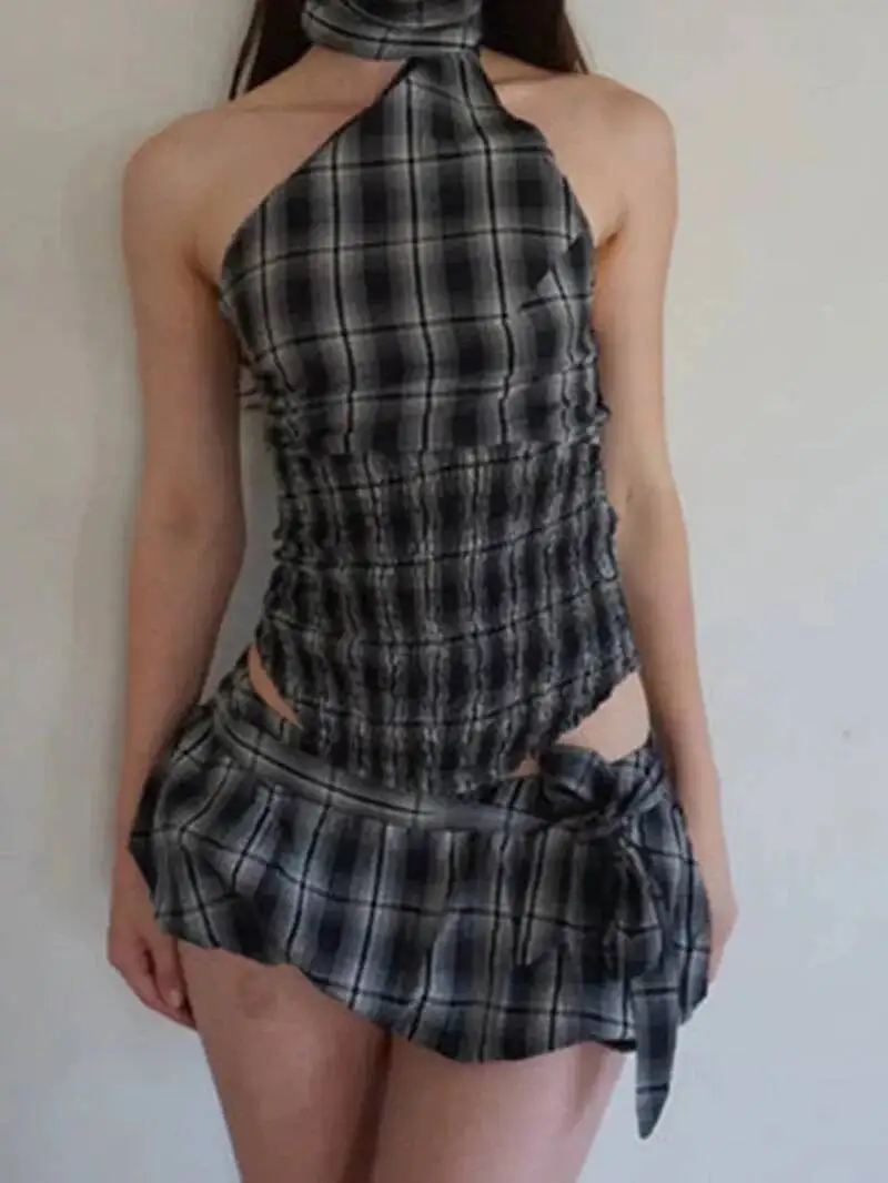 Kawaii Plaid/Dots Print Backless Halter Crop Camis Tops + Low Waist Bubble Mini Skirt Vintage 2 Piece Set Women Y2k Outfits PMB9