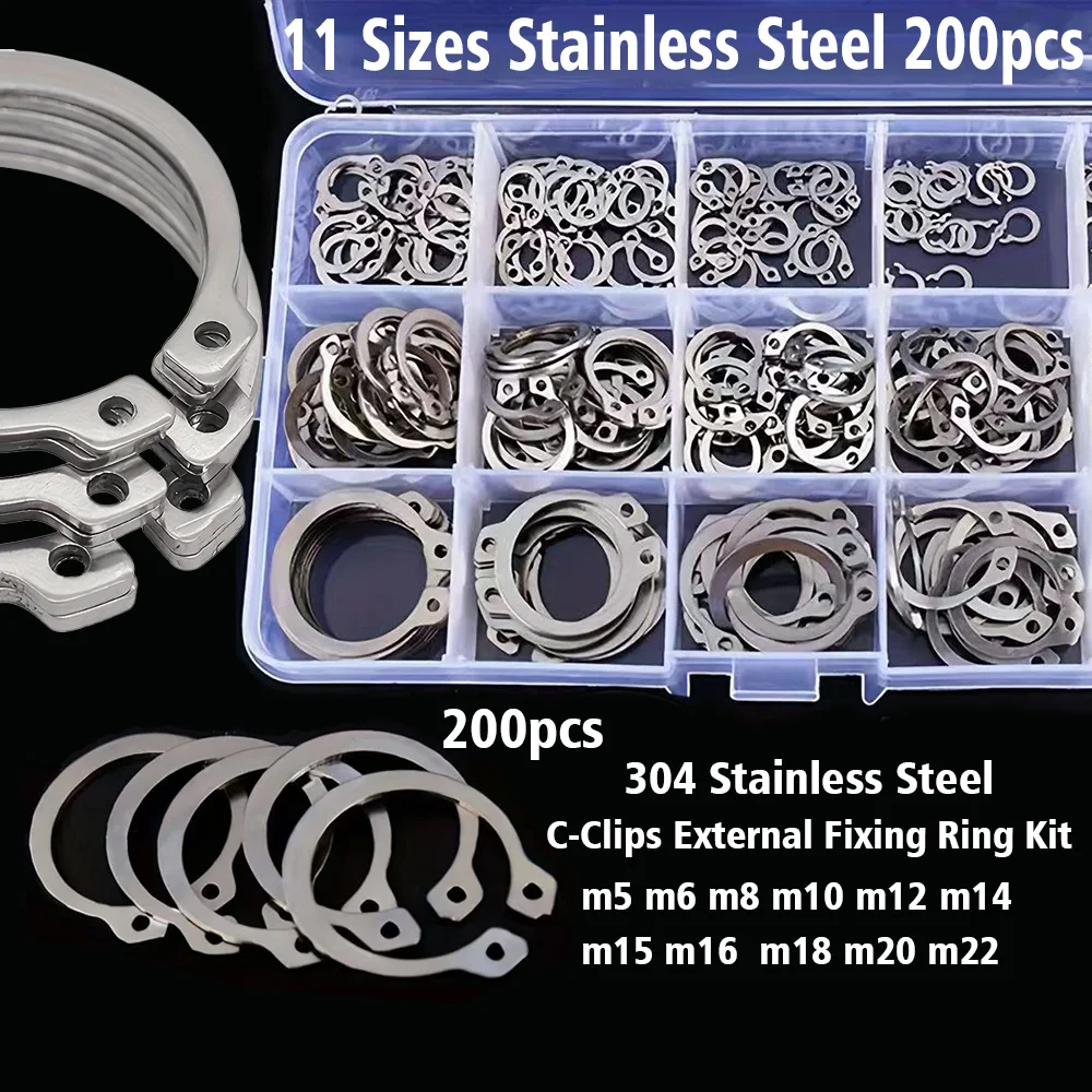 200-Piece External Circlip C-Ring Assortment Kit, 304 Stainless Steel, 11 Sizes from M5 to M22