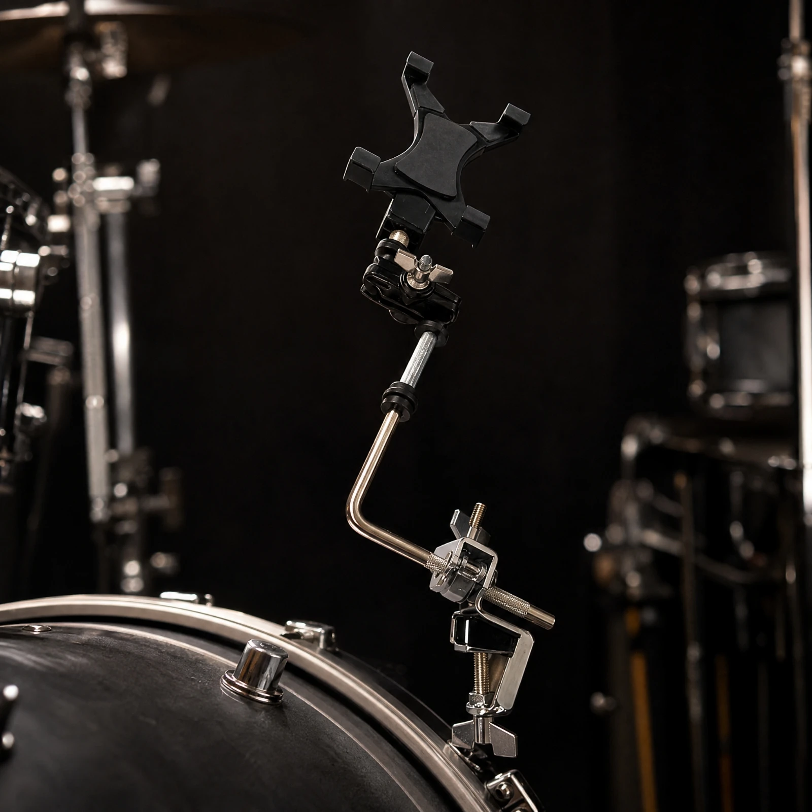 Drum Device Holder with Adjustable Arm Anti-Skid Zinc Alloy Drum Tablet Mount Mobile Device Holder with Nonslip Padding