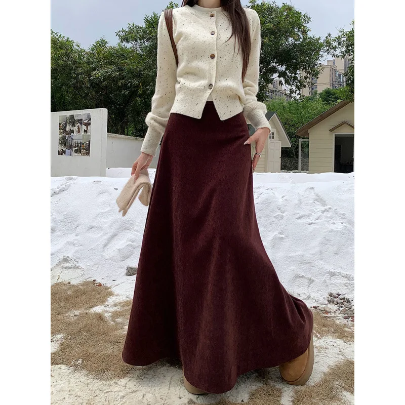 Autumn Winter New Black Knit A-line Skirt Women Minimalist Solid Loose Midi Skirts Korean Casual Trendy Office Commut Outfits