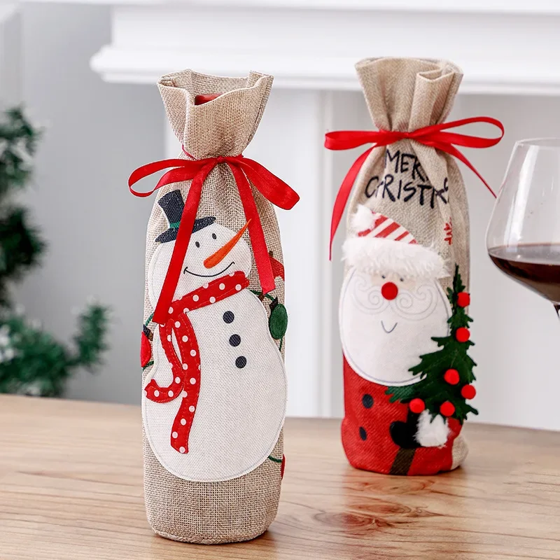 2024 Christmas Sackcloth Old Man Snowman Red Wine Set Table Wine Bottle Bag Red Wine Bag Christmas Bottle Set Decoration