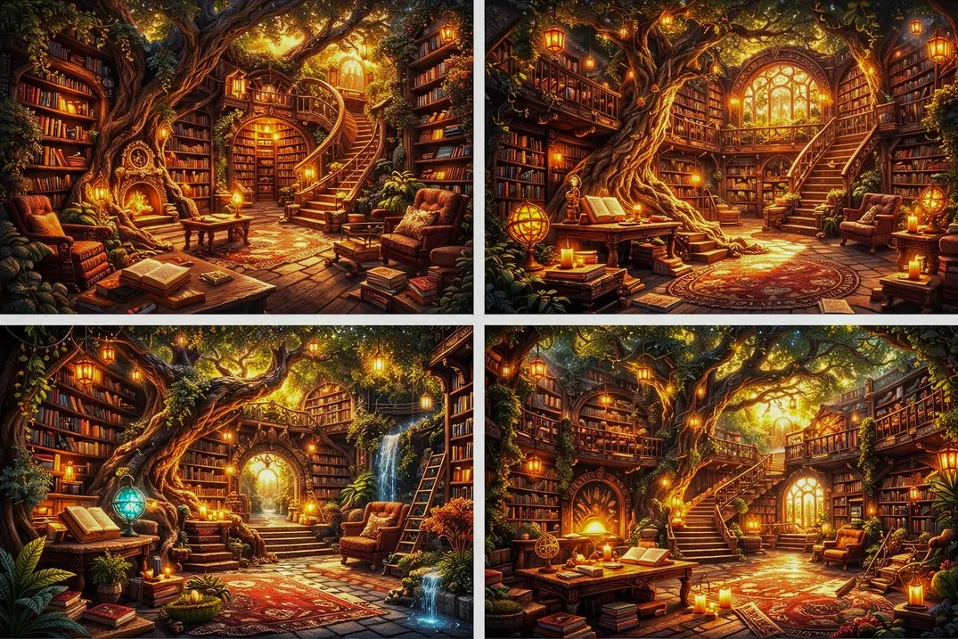 Fondos de estudio fotográfico con temática de biblioteca de fantasía, casa en el árbol, libros, velas, ambiente cálido, mágico, acogedor, vintage y de ensueño.