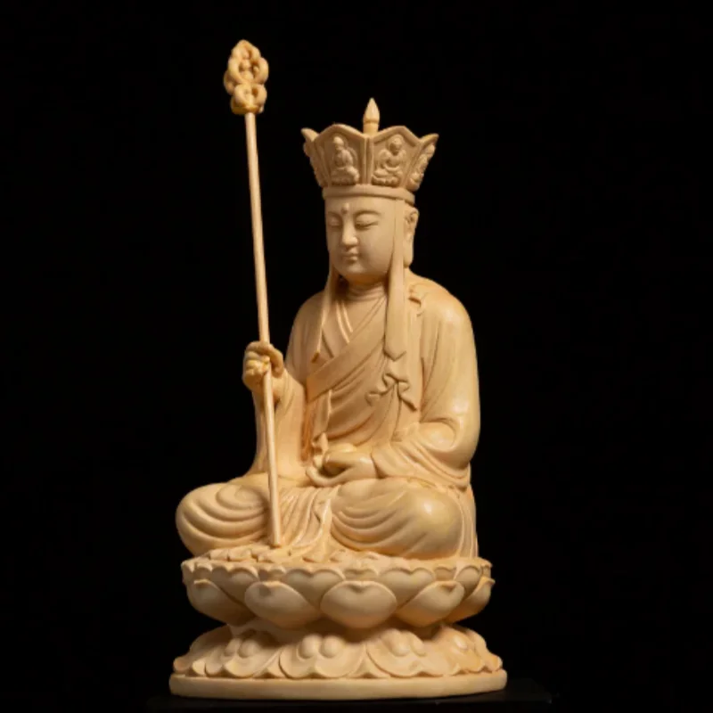 Natural Wood Carved Ksitigarbha Statue - Feng Shui Compassion Sculpture, Spiritual Home Decor Lucky Buddhist Protection Craft