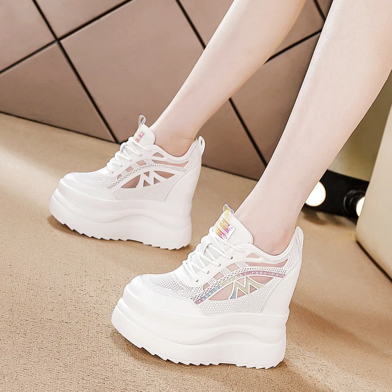 Women's 13cm Elevator Sneakers Fashion Chunky Platform Mesh Breathable White Casual Sports Shoes 2026