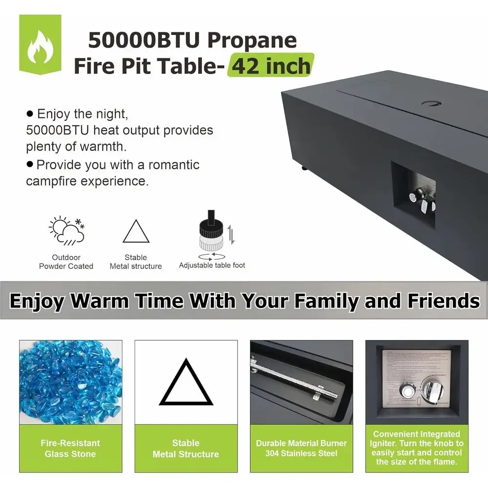 Outdoor Propane Fire Pit Table Set with Tank, 42 Round Gas Fire Pit, LED, 50,000 BTU, Black