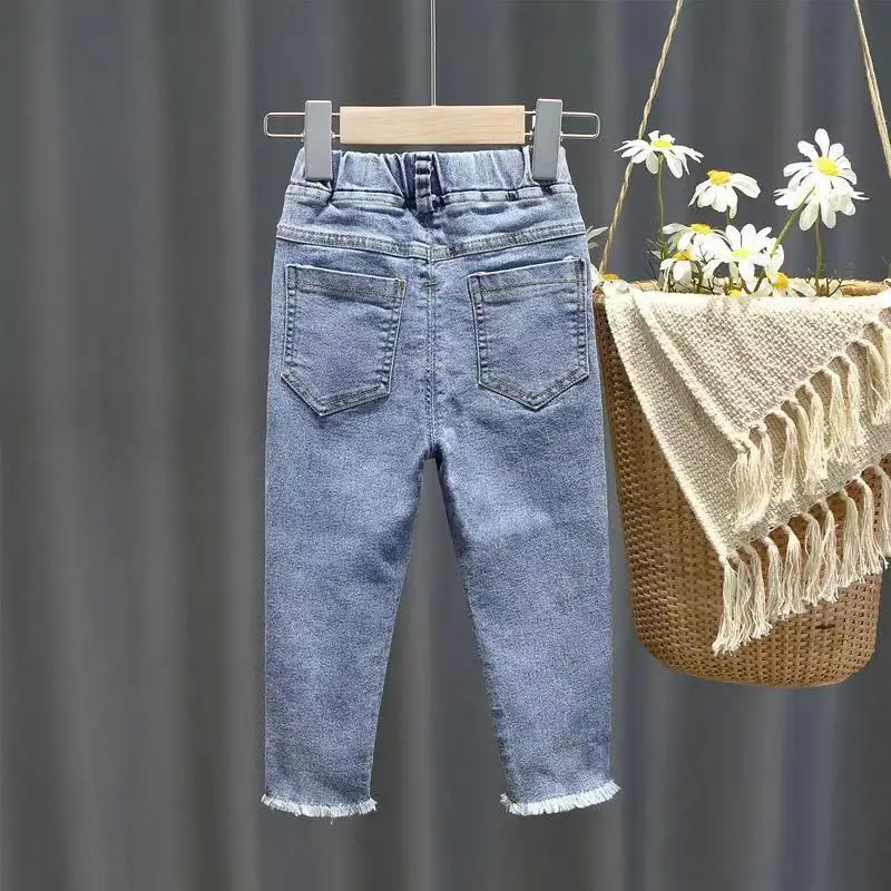 Girls Jeans Spring And Autumn New Fashionable Baby Hundred Towers Small And Medium Sized Children's Elastic Slim Fit Feet Pants