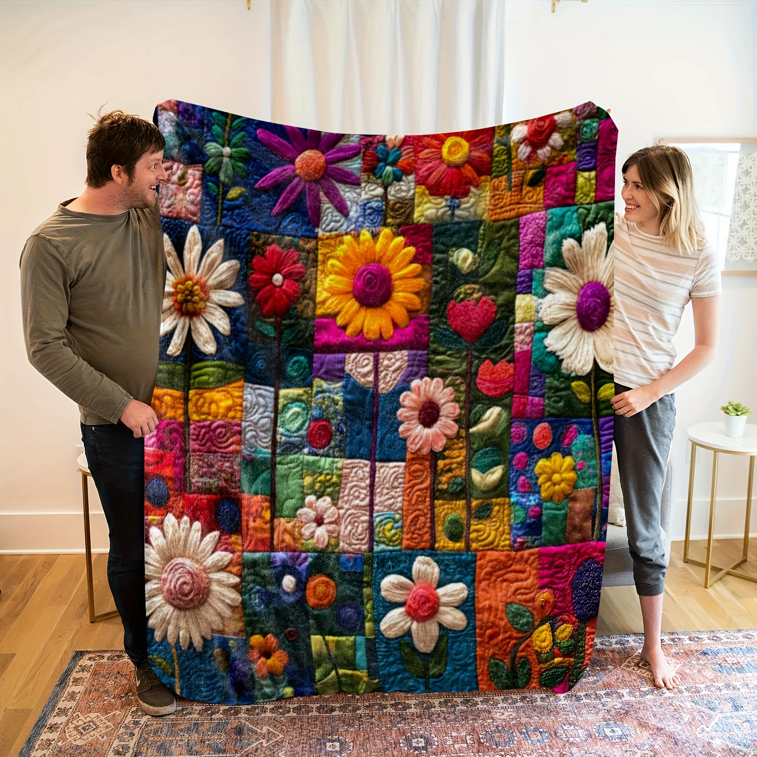 Bohemian Floral Quilt Blanket - Hand-Drawn Flower Print, Soft Polyester Flannel for Sofa/Bed/Travel, All-Season Gift for Family