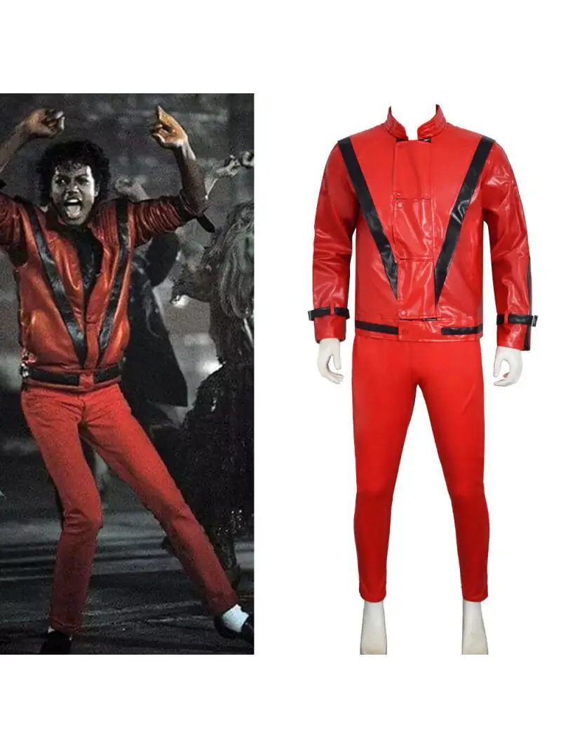 Michael Jackson Cosplay Rotes Kunstleder-Kostüm Halloween-Party Bühnenauftritt Rollenspiel Komplettes Outfit