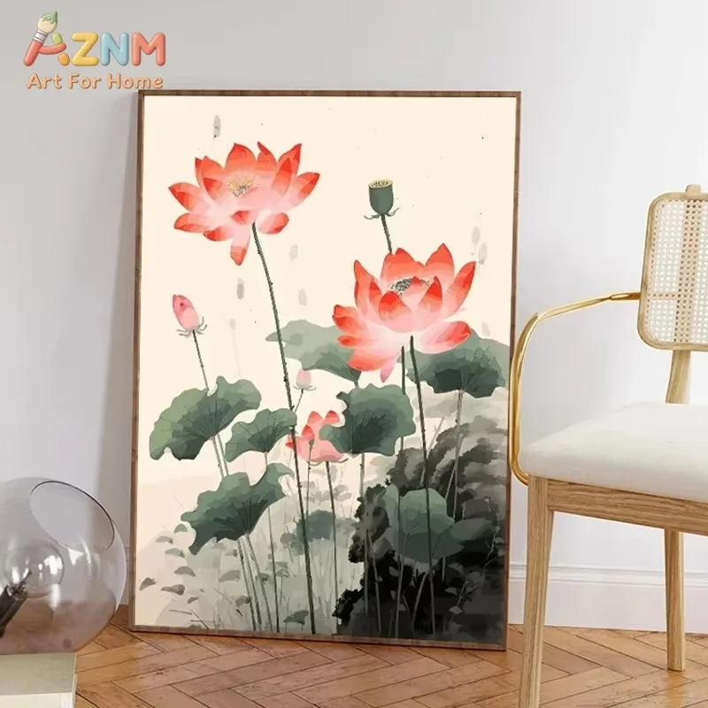 Unframed Chinese Style Lotus Canvas Wall Art Ink Watercolor Floral Pond Print Poster Oriental Zen Living Room Bedroom Decor Canv