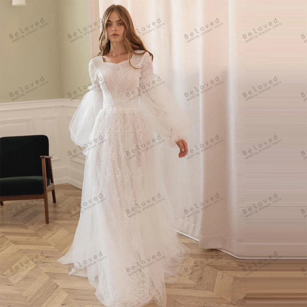 

Graceful Wedding Dresses A-Line Tulle Tiered Bridal Gowns Long Puff Sleeves Floor Length Robes For Brides Vestidos De Novia 2024